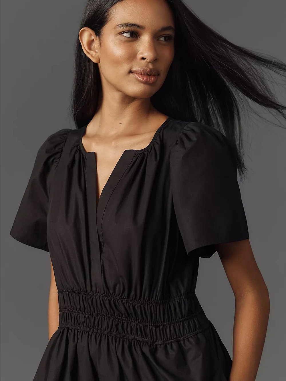 Anthropologie Somerset Mini Dress Womens Medium Black Shirred Waist V-Neck - Picture 4 of 11